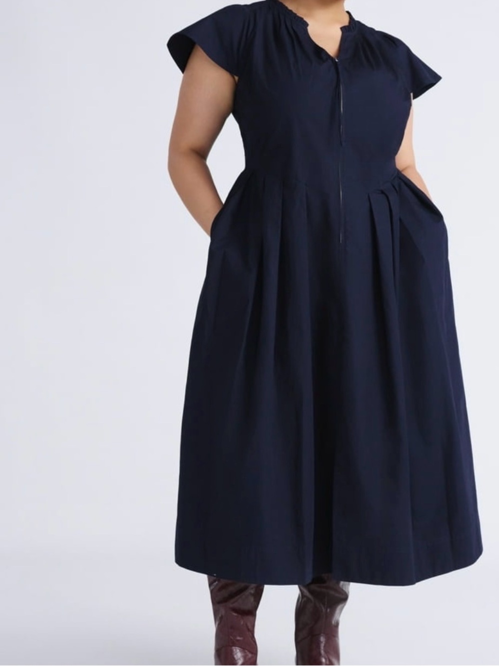 Classic Navy Midi Dress with Cap Sleeves